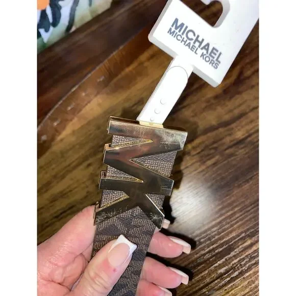 NWT Michael Kors Brown MK Logo Belt Gold Buckle Size Small - Picture 10 of 12